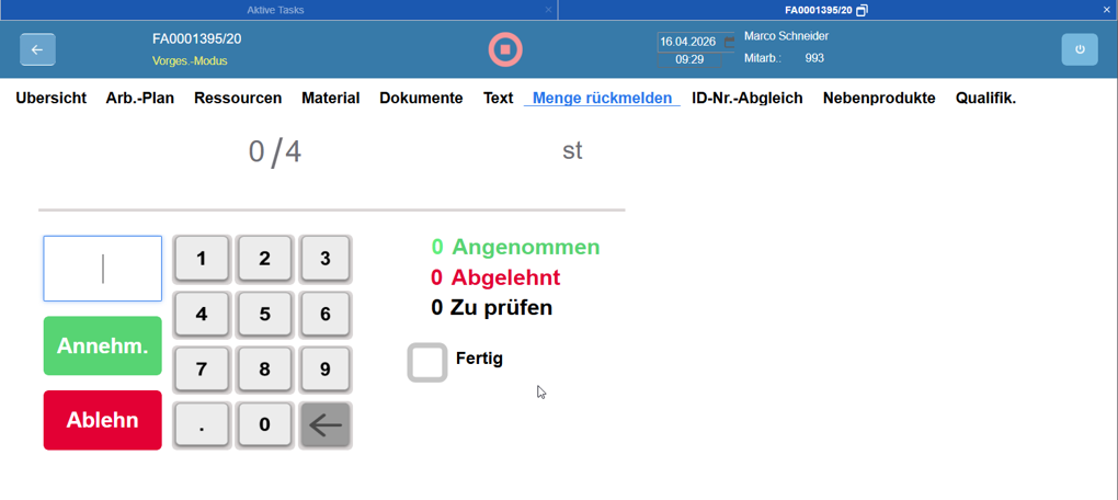 Rückmeldemaskae zum Melden von Mengen